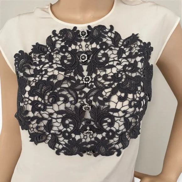 DOLCE & GABBANA Silk Black Lace Appliqué Crystal Embellished Cap Sleeve Blouse - Picture 4 of 17